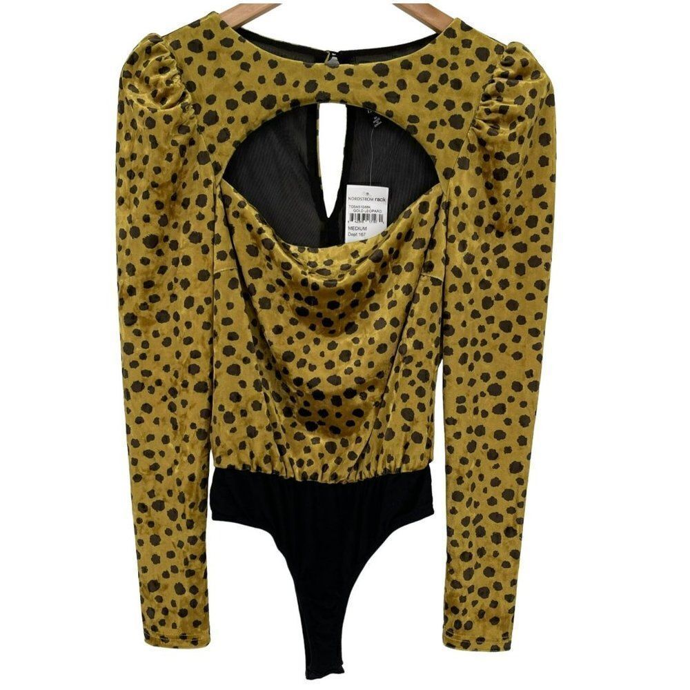 4SI3NNA Gold Leopard Velvet Bodysuit Long Puff Sleeves Front Cutout Women Medium